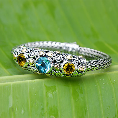 Gold & Silver bracelet, scale dragon chain round 6mm, spring lock with 18K gold hammer motif and white topaz pave stones