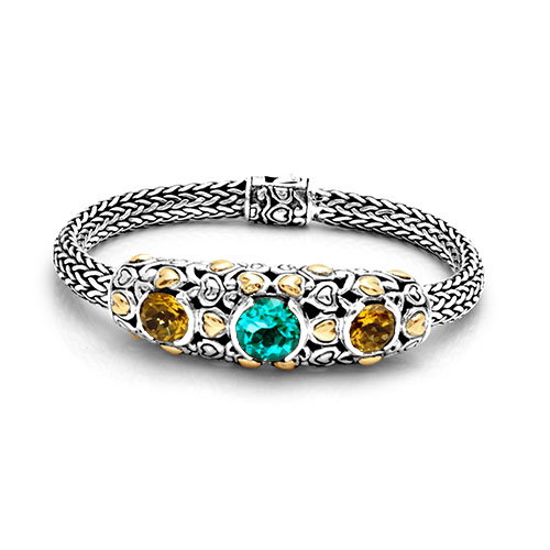 Gold & Silver bracelet, scale dragon chain round 6mm, spring lock with 18K gold hammer motif and white topaz pave stones