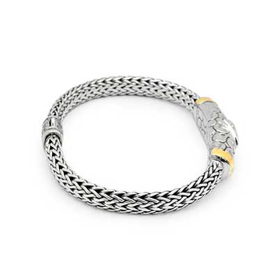 Gold & Silver bracelet, scale dragon chain round 6mm, spring lock with 18K gold hammer motif and white topaz pave stones