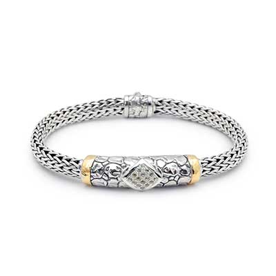 Gold & Silver bracelet, scale dragon chain round 6mm, spring lock with 18K gold hammer motif and white topaz pave stones