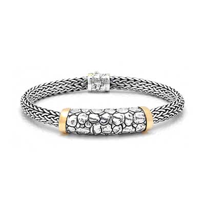 Gold & Silver bracelet, scale dragon chain round 6mm, spring lock with 18K gold hammer motif and white topaz pave stones
