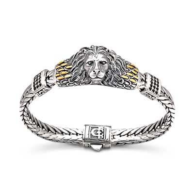 Gold & Silver bracelet, scale dragon chain round 6mm, spring lock with 18K gold hammer motif and white topaz pave stones