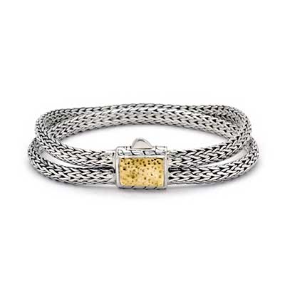 Gold & Silver bracelet, scale dragon chain round 6mm, spring lock with 18K gold hammer motif and white topaz pave stones