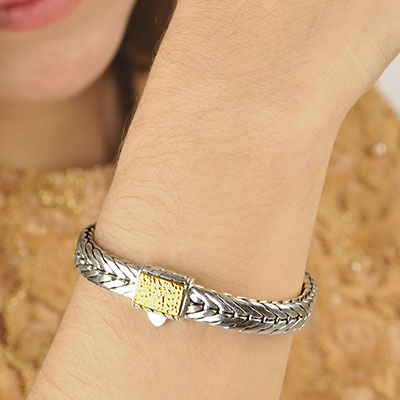 Gold & Silver bracelet, scale dragon chain round 6mm, spring lock with 18K gold hammer motif and white topaz pave stones