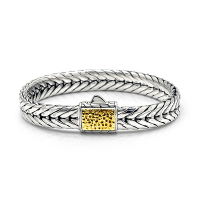 Gold & Silver bracelet, scale dragon chain round 6mm, spring lock with 18K gold hammer motif and white topaz pave stones