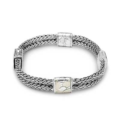 Gold & Silver bracelet, scale dragon chain round 6mm, spring lock with 18K gold hammer motif and white topaz pave stones