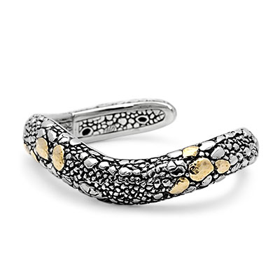 Gold & Silver bracelet, scale dragon chain round 6mm, spring lock with 18K gold hammer motif and white topaz pave stones