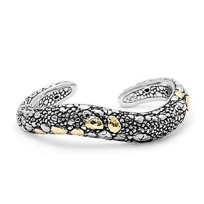 Gold & Silver bracelet, scale dragon chain round 6mm, spring lock with 18K gold hammer motif and white topaz pave stones