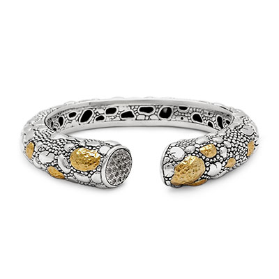 Gold & Silver bracelet, scale dragon chain round 6mm, spring lock with 18K gold hammer motif and white topaz pave stones