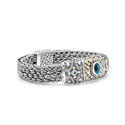 Gold & Silver bracelet, scale dragon chain round 6mm, spring lock with 18K gold hammer motif and white topaz pave stones