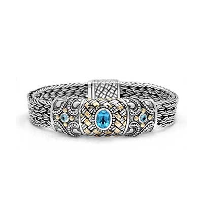 Gold & Silver bracelet, scale dragon chain round 6mm, spring lock with 18K gold hammer motif and white topaz pave stones