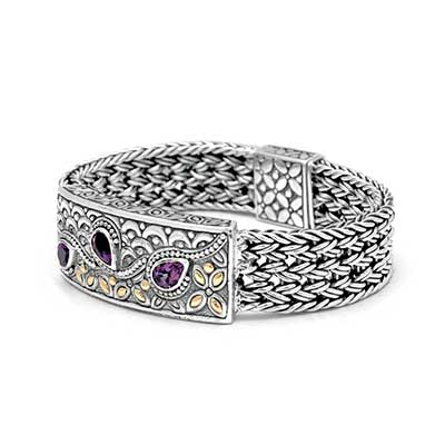 Gold & Silver bracelet, scale dragon chain round 6mm, spring lock with 18K gold hammer motif and white topaz pave stones