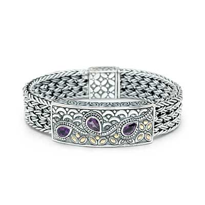 Gold & Silver bracelet, scale dragon chain round 6mm, spring lock with 18K gold hammer motif and white topaz pave stones