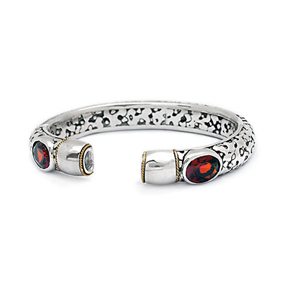 Silver and Gold Kick Cuff Bracelet with ornament and Plaster texture motif, Garnet oval 9x11