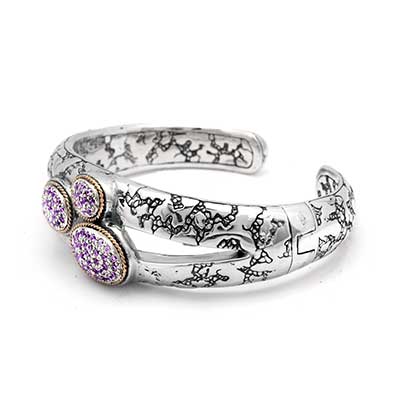 Gold & Silver bracelet, scale dragon chain round 6mm, spring lock with 18K gold hammer motif and white topaz pave stones