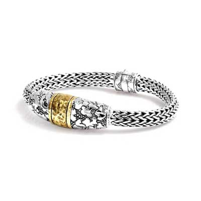 Gold & Silver bracelet, scale dragon chain round 6mm, spring lock with 18K gold hammer motif and white topaz pave stones