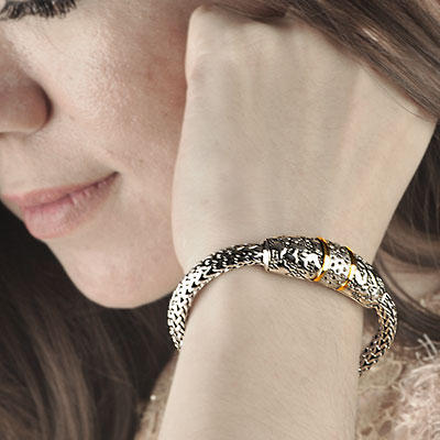 Gold & Silver bracelet, chain oval 5x7, spring lock, white topaz pave setting, plaster motif collection