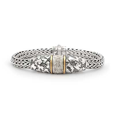 Gold & Silver bracelet, chain oval 5x7, spring lock, white topaz pave setting, plaster motif collection