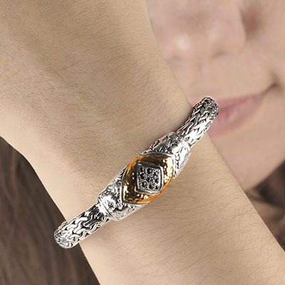 Gold & Silver bracelet, plaster motif texture, 18K Gold Bezel, White Topaz pave setting, spring lock, chain 5x7 mm