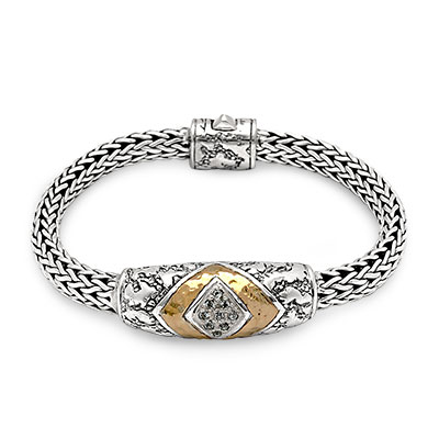 Gold & Silver bracelet, plaster motif texture, 18K Gold Bezel, White Topaz pave setting, spring lock, chain 5x7 mm