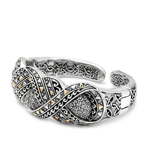 Gold & Silver bracelet, scale dragon chain round 6mm, spring lock with 18K gold hammer motif and white topaz pave stones