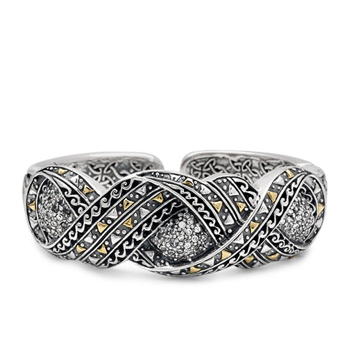 Gold & Silver bracelet, scale dragon chain round 6mm, spring lock with 18K gold hammer motif and white topaz pave stones