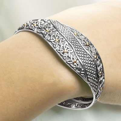 Gold & Silver cuff bracelet, no stones. Balinese celtic motif