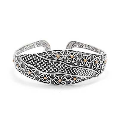 Gold & Silver bracelet, scale dragon chain round 6mm, spring lock with 18K gold hammer motif and white topaz pave stones