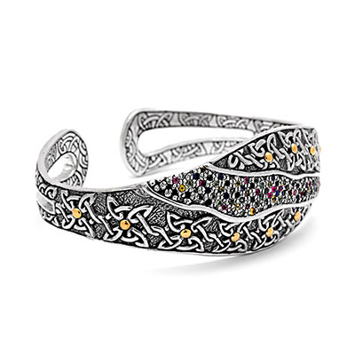 Gold & Silver bracelet, scale dragon chain round 6mm, spring lock with 18K gold hammer motif and white topaz pave stones