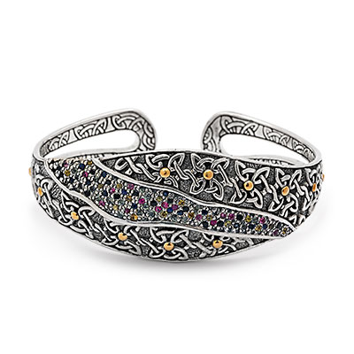 Gold & Silver bracelet, scale dragon chain round 6mm, spring lock with 18K gold hammer motif and white topaz pave stones