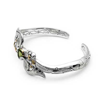 Gold & Silver bracelet, scale dragon chain round 6mm, spring lock with 18K gold hammer motif and white topaz pave stones