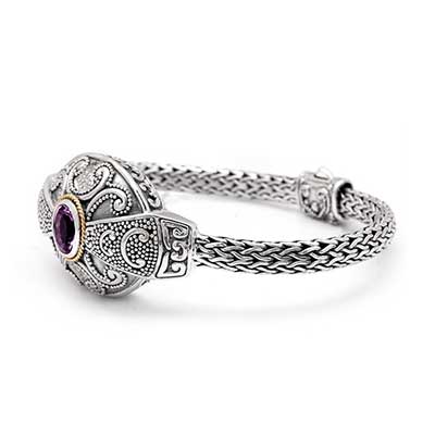 Gold & Silver bracelet, scale dragon chain round 6mm, spring lock with 18K gold hammer motif and white topaz pave stones