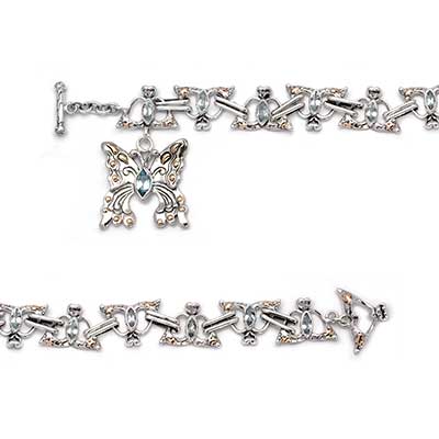 Gold & Silver bracelet, scale dragon chain round 6mm, spring lock with 18K gold hammer motif and white topaz pave stones