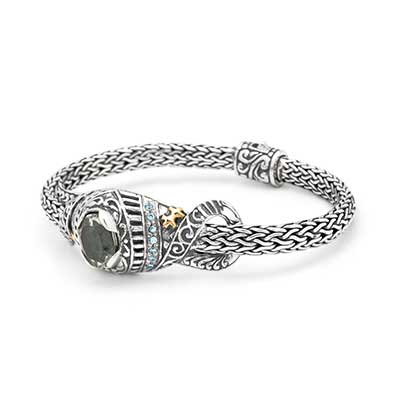 Gold & Silver bracelet, scale dragon chain round 6mm, spring lock with 18K gold hammer motif and white topaz pave stones