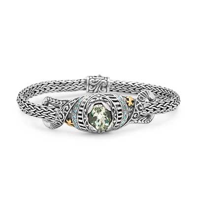 Gold & Silver bracelet, scale dragon chain round 6mm, spring lock with 18K gold hammer motif and white topaz pave stones