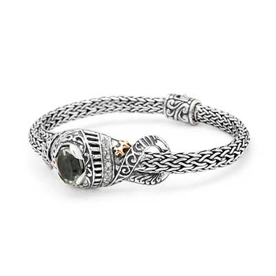 Gold & Silver bracelet, scale dragon chain round 6mm, spring lock with 18K gold hammer motif and white topaz pave stones