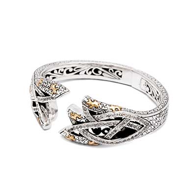 Gold & Silver bracelet, scale dragon chain round 6mm, spring lock with 18K gold hammer motif and white topaz pave stones