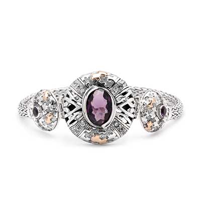 Gold & Silver bracelet, scale dragon chain round 6mm, spring lock with 18K gold hammer motif and white topaz pave stones