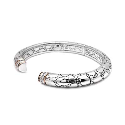 Gold & Silver bracelet, scale dragon chain round 6mm, spring lock with 18K gold hammer motif and white topaz pave stones