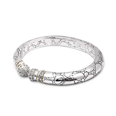 Gold & Silver bracelet, scale dragon chain round 6mm, spring lock with 18K gold hammer motif and white topaz pave stones