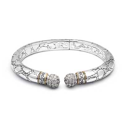 Gold & Silver bracelet, scale dragon chain round 6mm, spring lock with 18K gold hammer motif and white topaz pave stones