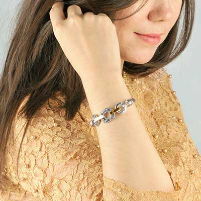 Gold & Silver bracelet, scale dragon chain round 6mm, spring lock with 18K gold hammer motif and white topaz pave stones