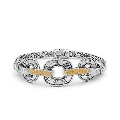 Gold & Silver bracelet, scale dragon chain round 6mm, spring lock with 18K gold hammer motif and white topaz pave stones