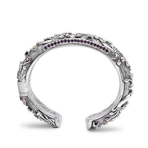 Gold & Silver bracelet, scale dragon chain round 6mm, spring lock with 18K gold hammer motif and white topaz pave stones