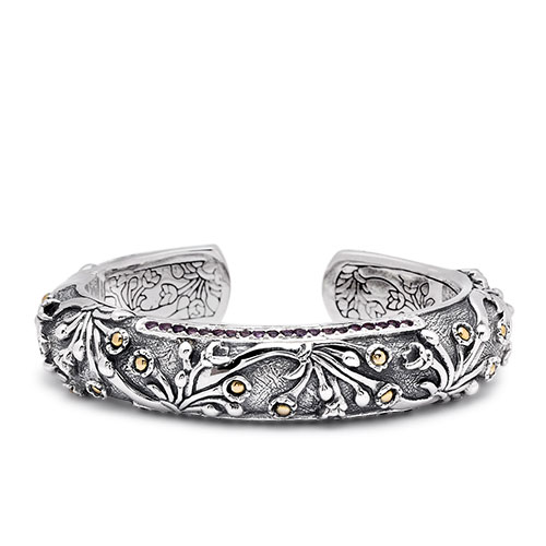 Gold & Silver bracelet, scale dragon chain round 6mm, spring lock with 18K gold hammer motif and white topaz pave stones