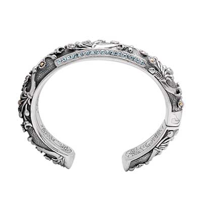 Gold & Silver bracelet, scale dragon chain round 6mm, spring lock with 18K gold hammer motif and white topaz pave stones