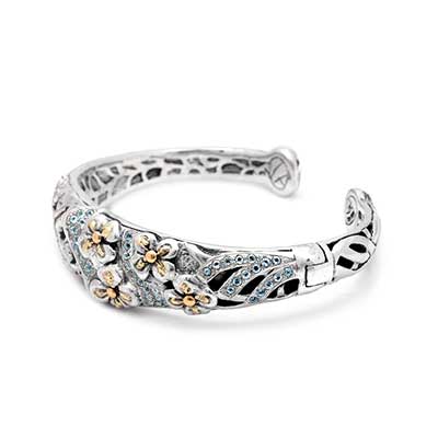 Gold & Silver bracelet, scale dragon chain round 6mm, spring lock with 18K gold hammer motif and white topaz pave stones