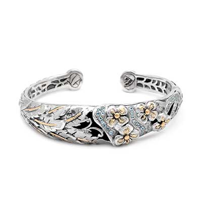 Gold & Silver bracelet, scale dragon chain round 6mm, spring lock with 18K gold hammer motif and white topaz pave stones