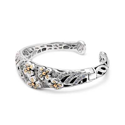 Gold & Silver bracelet, scale dragon chain round 6mm, spring lock with 18K gold hammer motif and white topaz pave stones