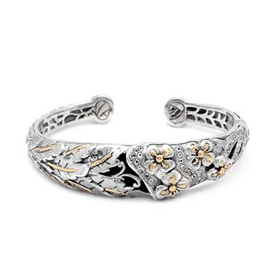 Gold & Silver bracelet, scale dragon chain round 6mm, spring lock with 18K gold hammer motif and white topaz pave stones